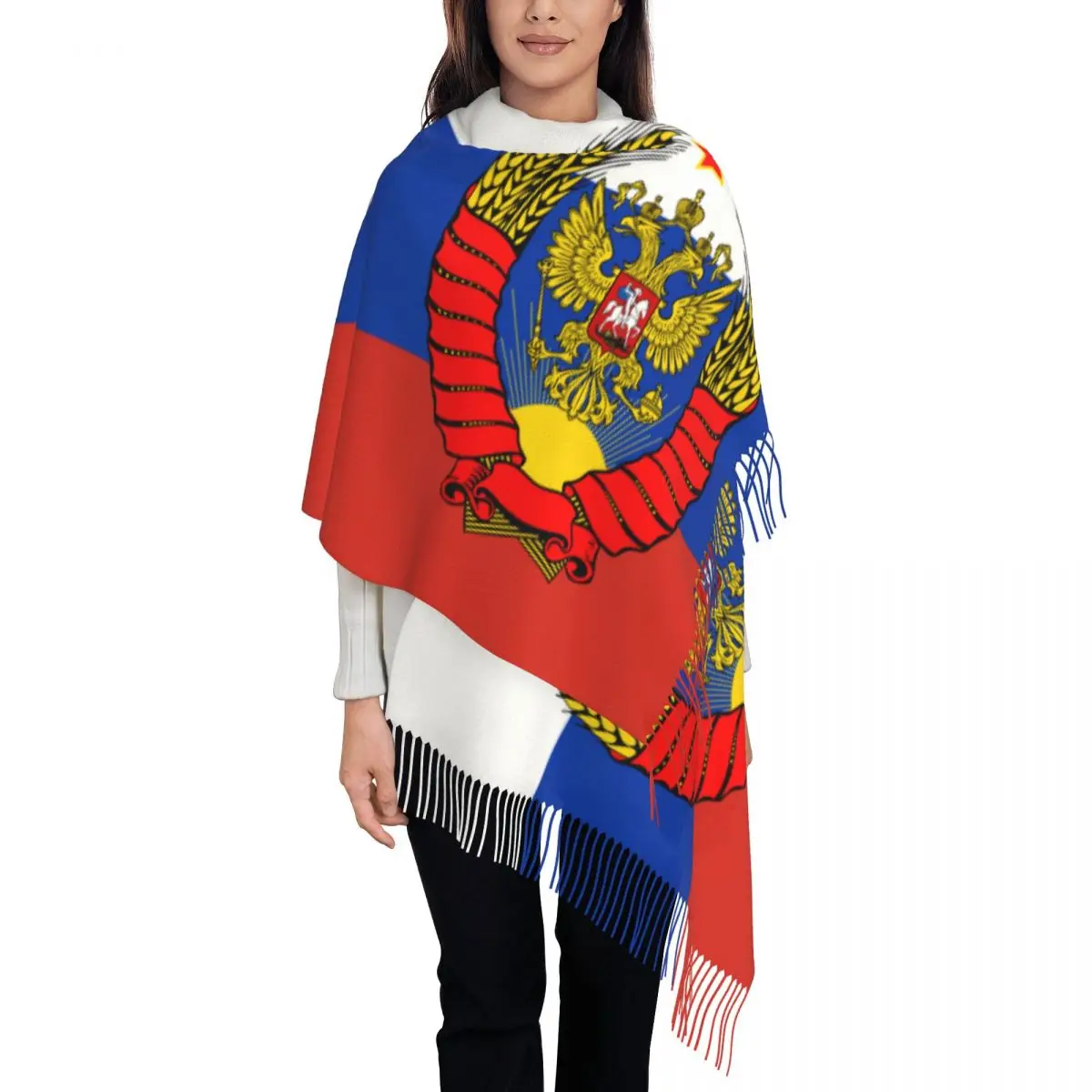 

Flag Of Russia With Soviet Eagle Scarf Wrap Women Long Winter Fall Warm Tassel Shawl Unisex Coat of Arms Scarves