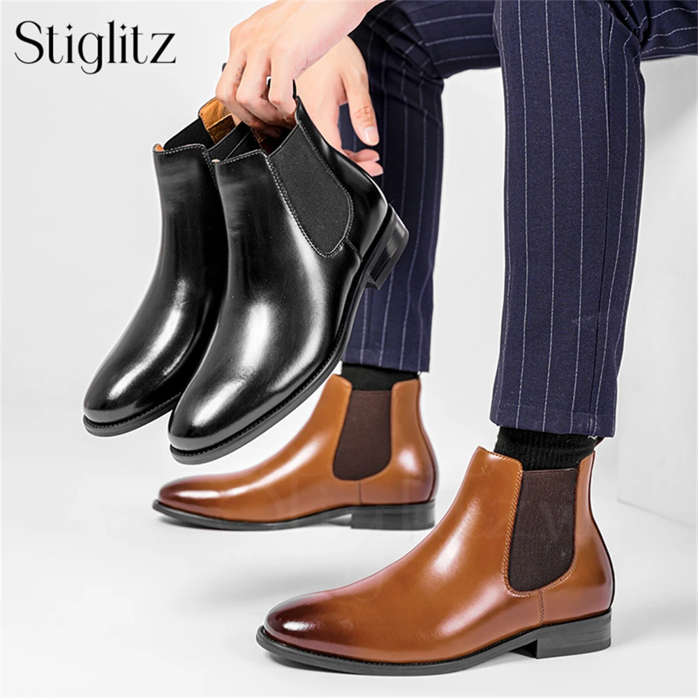 

Handmade Polished Booties for Men Elastic Strap Slip on Ankle Boots Shiny Leather Black Brown Handmade Fashion Boots New Arrival