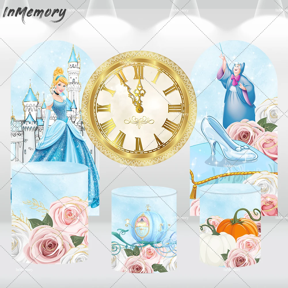 Castelo azul Cinderella Party Arch Backdrop para menina, Princess Round Cover, Baby Shower Banner, Relógio de ouro, Decoração de aniversário