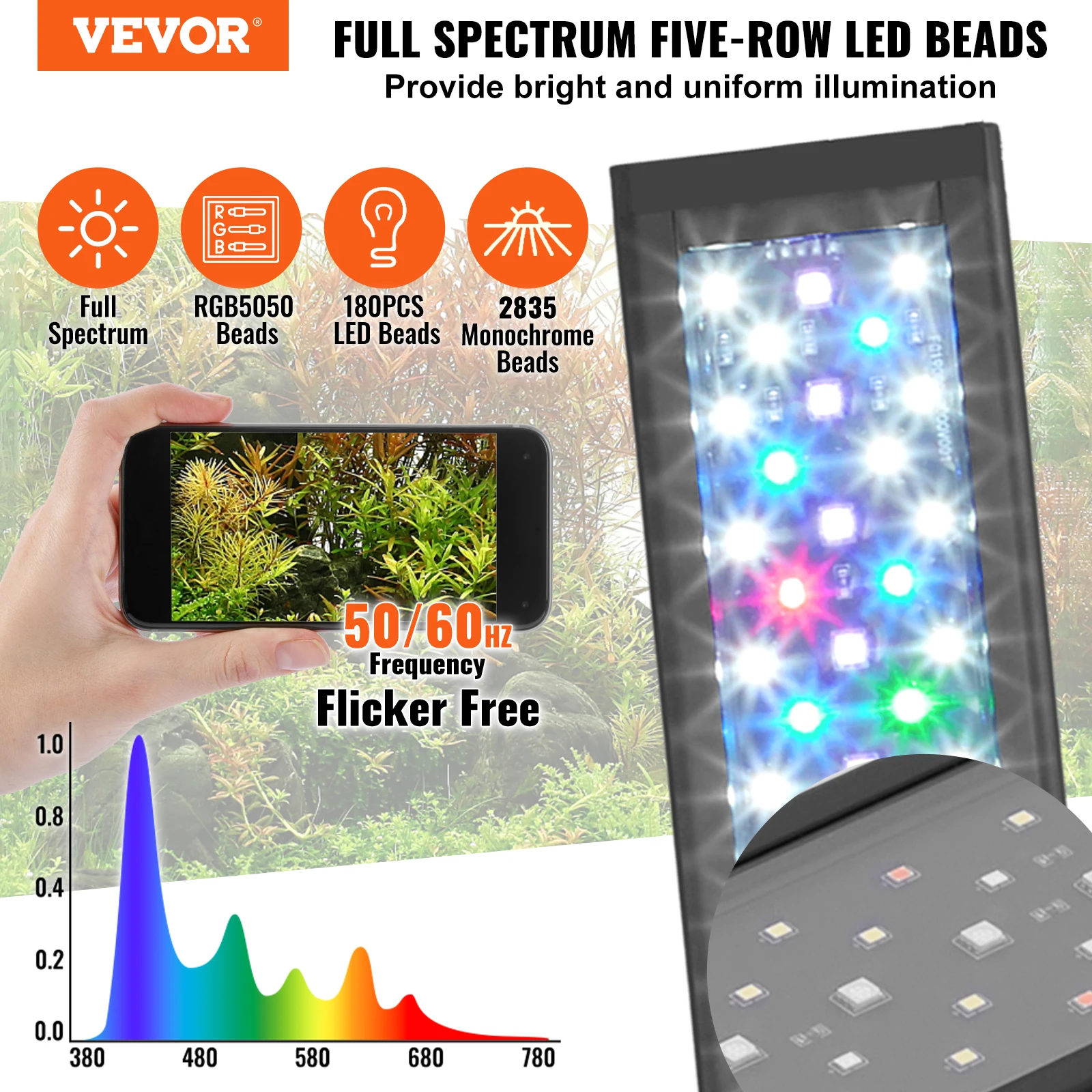 VEVOR Aquarium Light Full Spectrum Fish Tank Light with Natural Mode Adjustable Timer & 5-Level Brightness Extendable Brackets