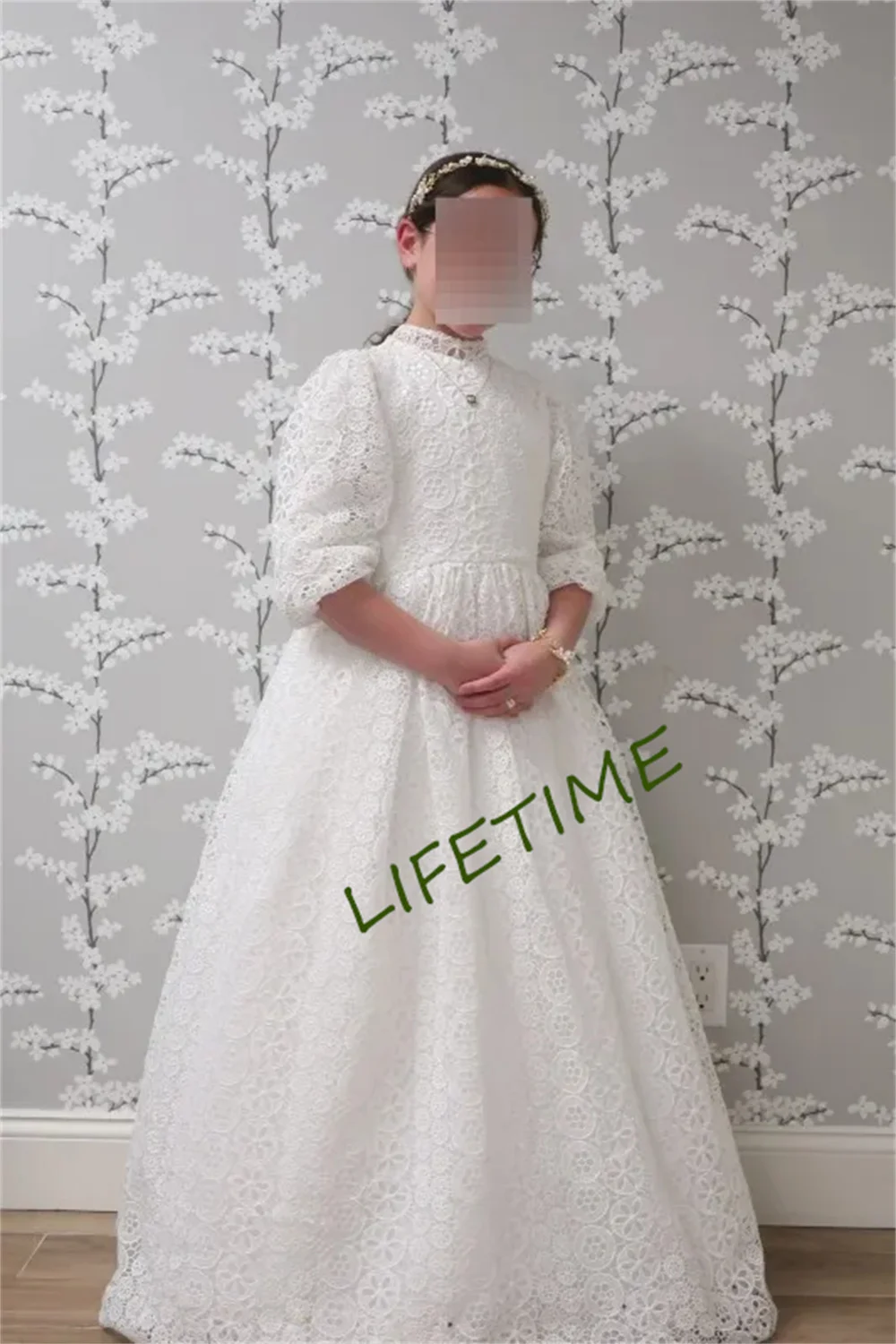 Thick Lace Littler Girl Wedding Dress High Collar Puffy Sleeve Long Flower Girl Dresses Wedding Party Dress Girl Gown