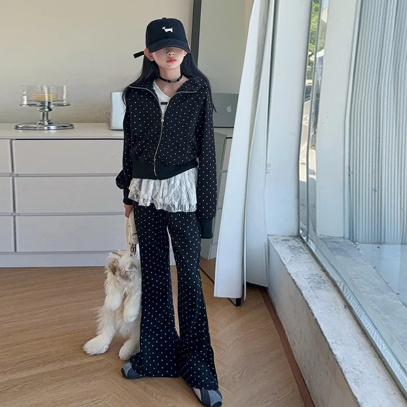 

2025 год, костюмы из двух предметов для школьниц, осенние детские комплекты с принтом в горошек для девочек-подростков, пальто на молнии с отложным воротником + брюки с вырезом