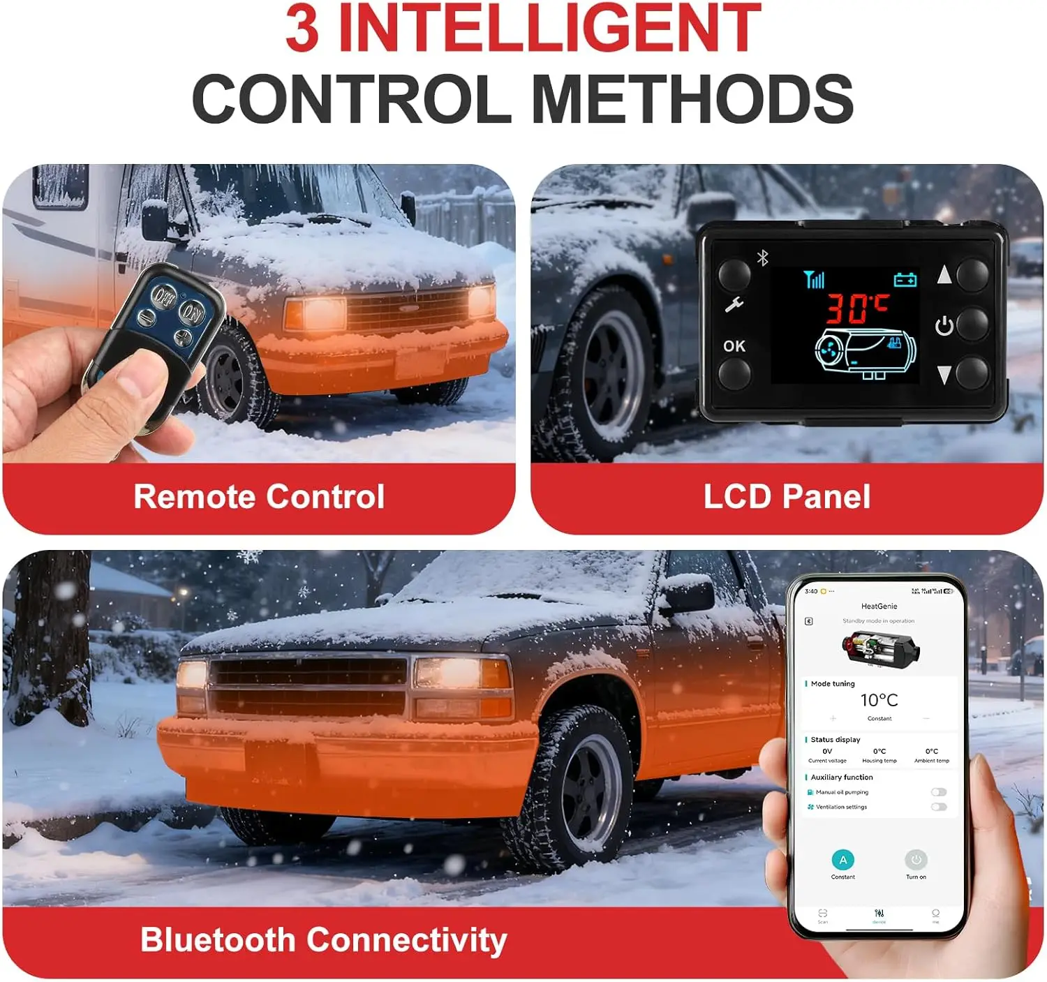 سخان ركن السيارة 8 كيلو وات 12 فولت/24 فولت مع التحكم في التطبيق، شاشة LCD، بدء/إيقاف تلقائي لقارب فان التخييم RV (أفقي أحمر)