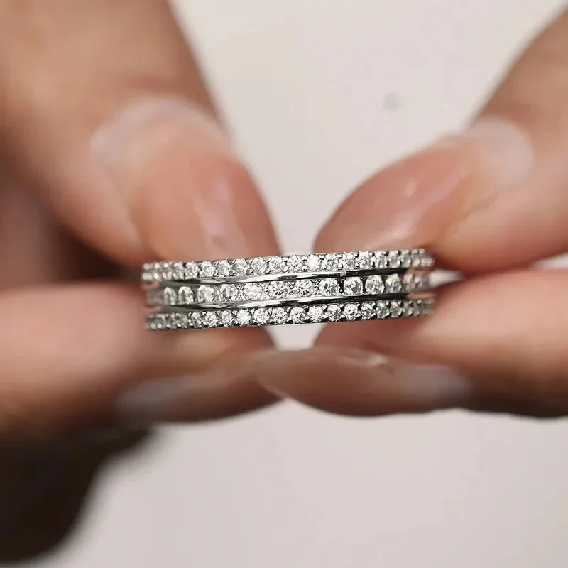 18K Real Platinum Hip Hop 3 Row Ring Women's PT950 Platinum Ring Round D Color VVS1 Moissanite Diamond Eternal Ring