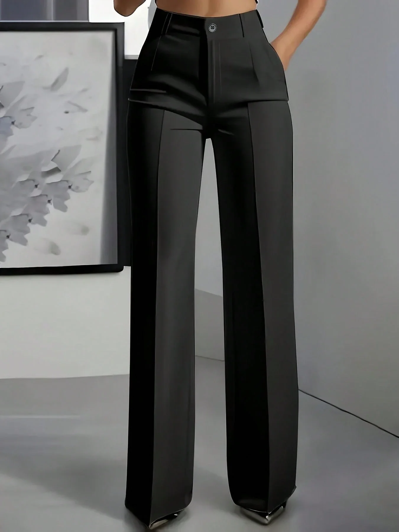 

High Waist Straight Leg Pants Solid Color Formal Casual Women