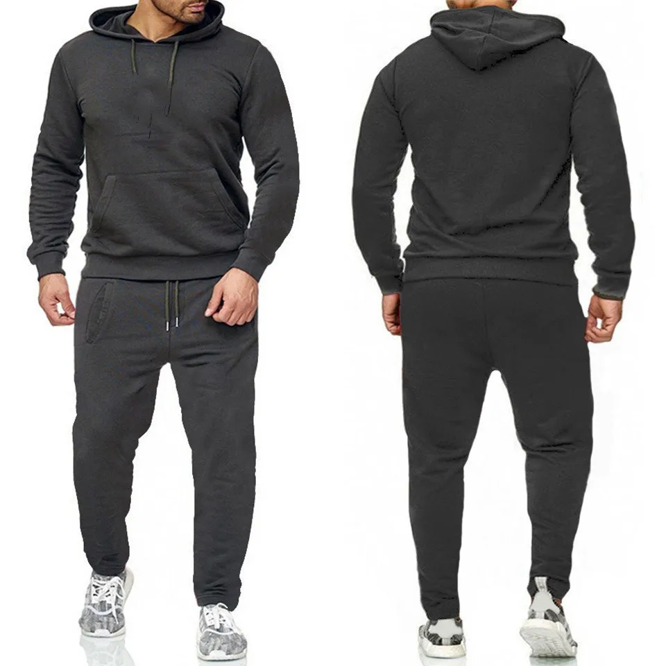 Classic Mens Solid Color Tracksuit Hooded Sweatshirts and Jogger Pants High Quality Male Daily Casual Sports Hoodie Jogging Suit