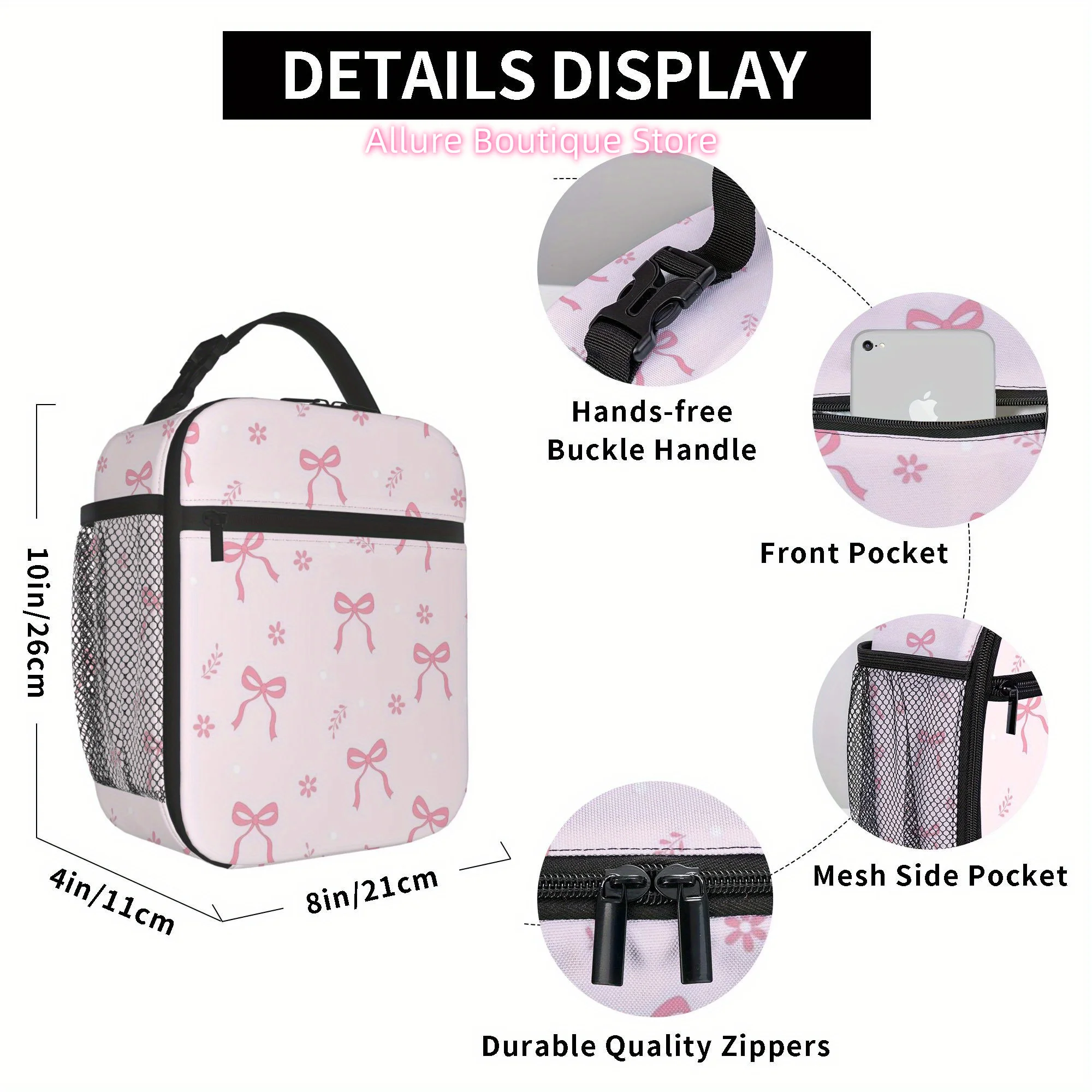 Featuring Pink Bows on a Light Pink Backdrop, This Printed Thermal Bag Is Insulated And Designed for Non-Food Contact