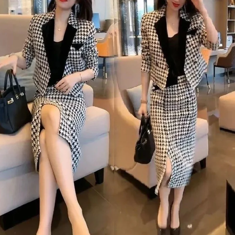 Autumn Winter Elegant Fashion Houndstooth Printed Blazers Bodycon Slit Skirt Set Ladies Vintage Coat High Waist Slim Skirts Suit