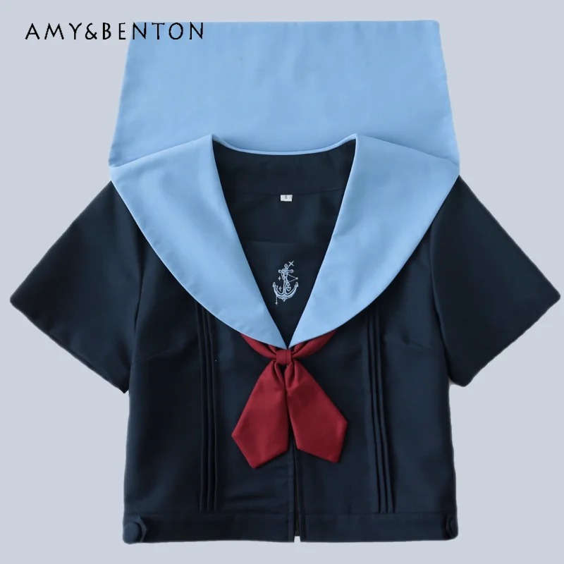 2024 New Japanese Style Sailor Outfits JK Uniform Summer Dark Blue Long Short Sleeves Top Pleated Skirt All Match Suit For Girls