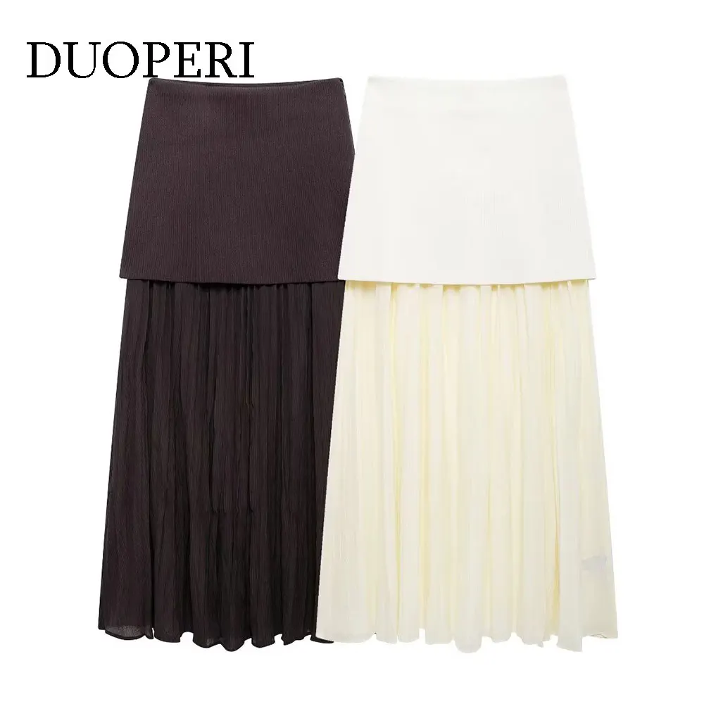 DUOPERI Women Knitted Pleated Side Zipper Midi Skirt Vintage High Waist Female Chic Lady Skirts