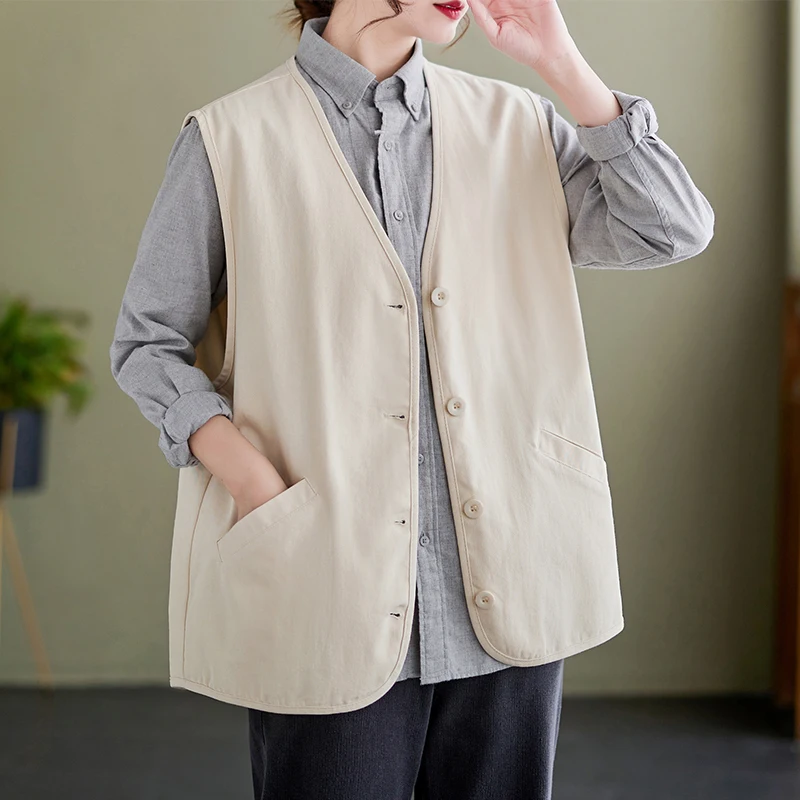 Cotton V-neck Tooling Sleeveless Vest Women's Spring and Autumn New Korean Style Loose Plus Size Casual Outer Wearing Vest Top