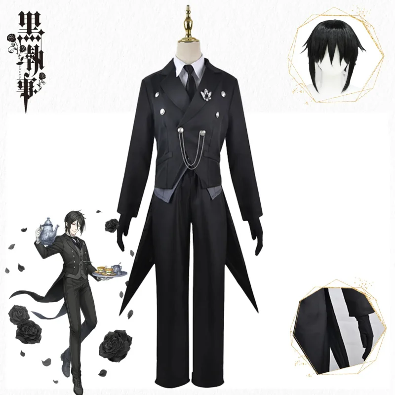 Black Butler Kuroshitsuji Sebastian Michaelis Costume Cosplay Parrucche Uniformi Halloween Anime Cosplay Tuxedo Suit Adesivo per tatuaggi