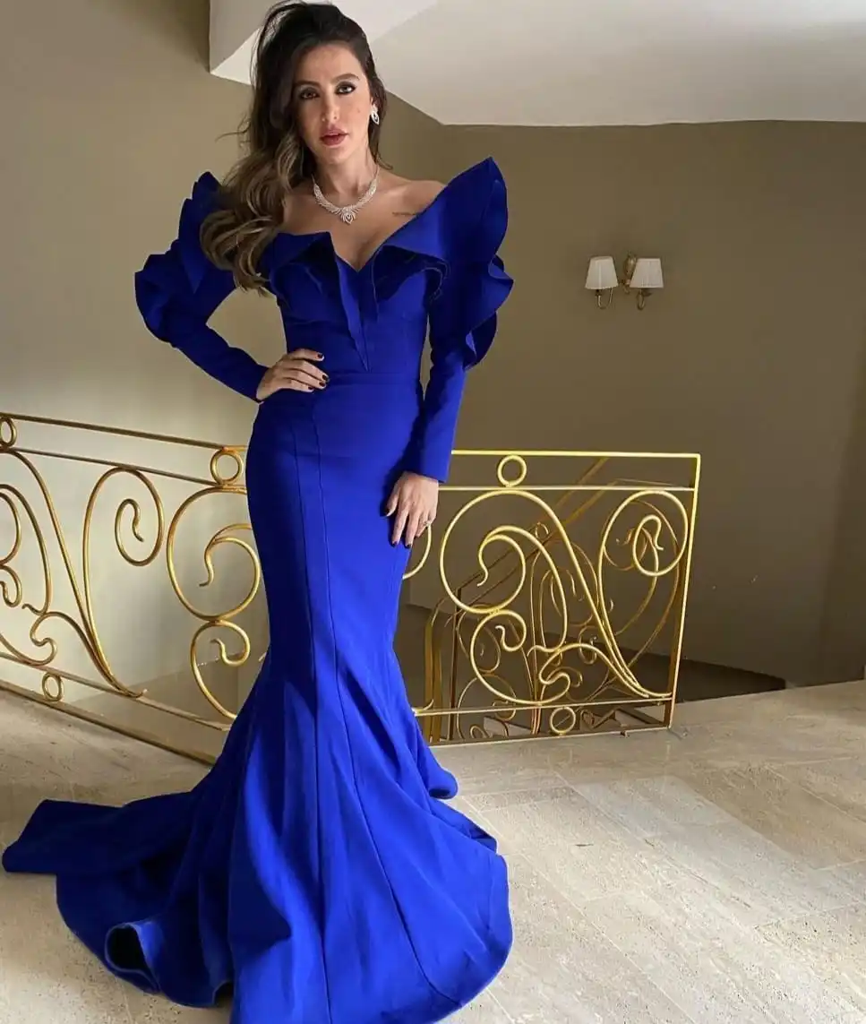 Royal Blue Mermaid Evening Dresses Ruffles Satin Long Sleeves Women Prom Gowns Sexy V Neck Floor Length Celebrity Party Dresses