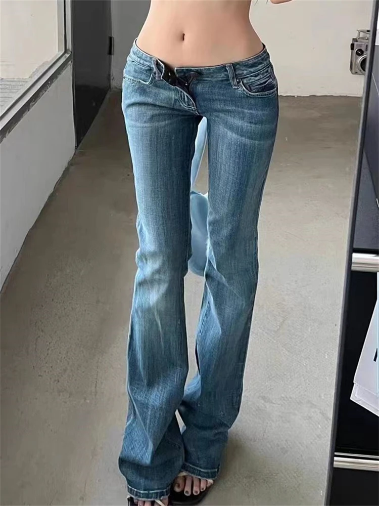 Women\'s Retro Washed Low Waisted Micro Flared Jeans Summer New Chic Casual Slim Pants Female Sexy Denim Bell-bottoms Trousers