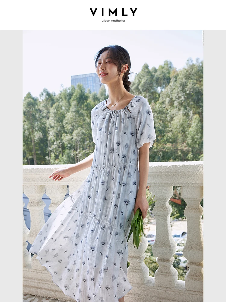 

VIMLY Woemn's Vacation Floral Short Sleeve Dress 2025 Summer Casual Simple A-line O-Neck Temperament Loose Party Evening Dress
