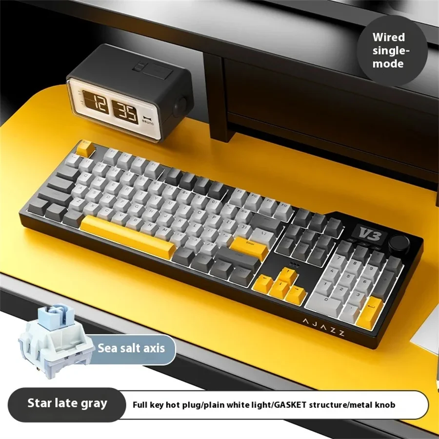 AJAZZ AK35I V3 Clavier de jeu mécanique grandeur nature à échange à chaud avec écran et bouton rotatif, connexion trois modes, plaque FR4, 8000 mAh, LED RVB