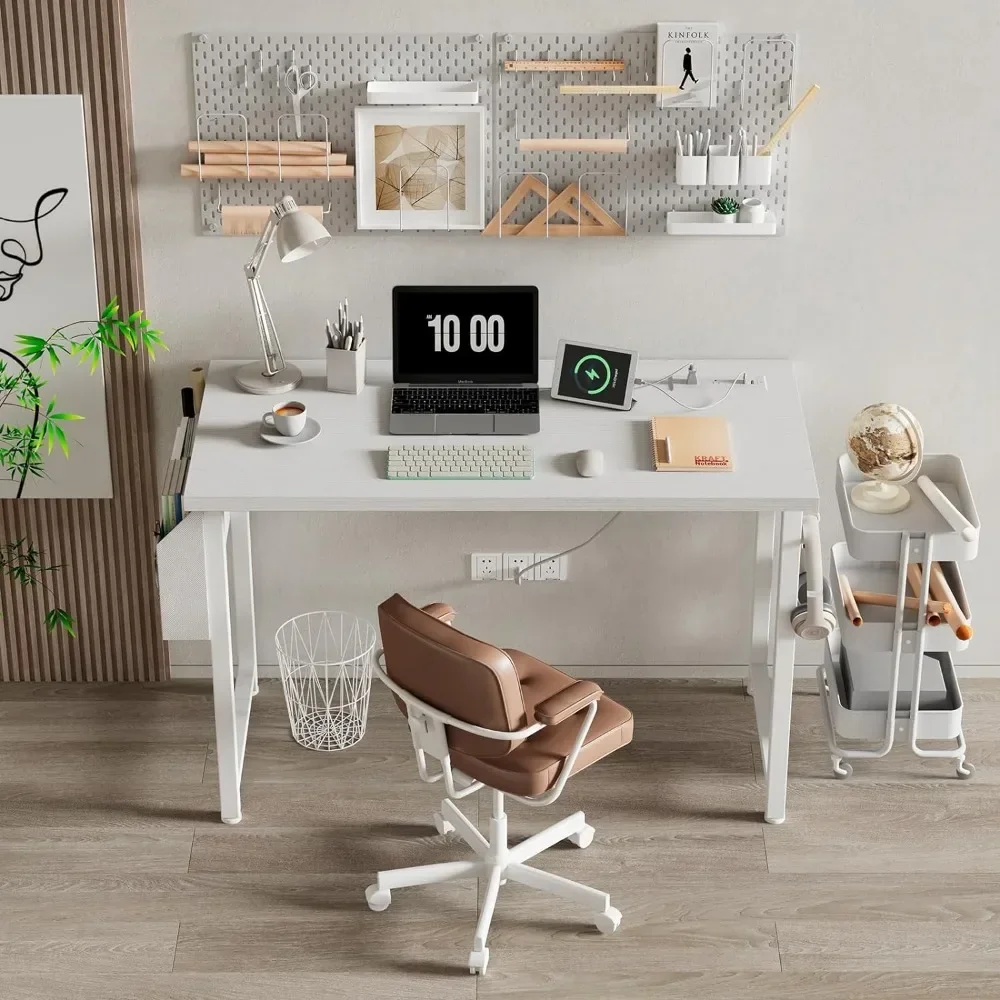 

L39 Inch White Computer Desk With Power Outlet Table Pliante Furniture Room Desk To Study Desks Reading Gaming Office