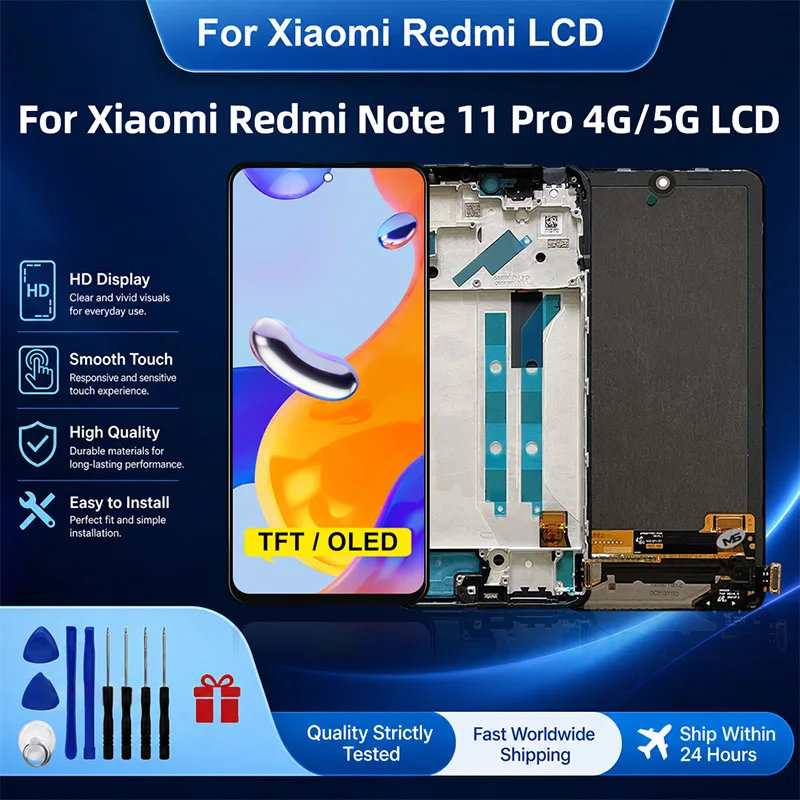 AMOLED For Xiaomi Redmi Note 11 Pro 4G LCD 2201116TG Touch Screen Digitizer with Frame For Redmi Note11Pro 5G 21091116I LCD