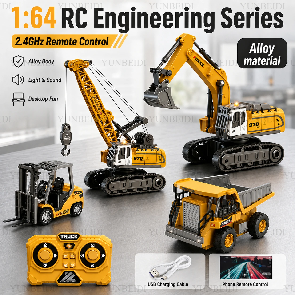 1:64 RC Mini Alloy Car Forklift Excavator Crane Tabletop Game 2.4G_Hz Remote Control Engineering Lift Truck Children's Toys Gift