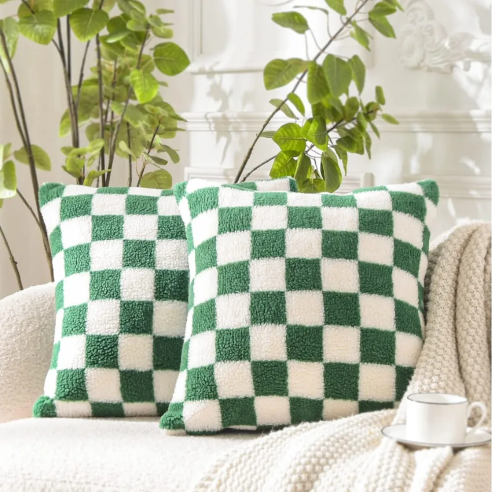 1/2pcs 45x45cm 50x50cm Sherpa Checkerboard Cushion Cover Faux Fur Pillow Cases for Sofa Bedroom Living Room Christmas Green Gift