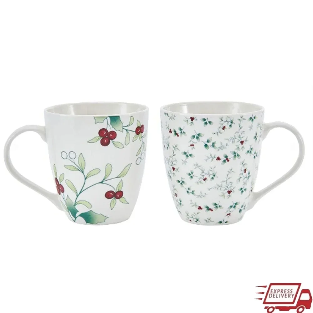 Winterberry Porcelain Mug Set 20 oz Festive Holiday Drinkware Dishwasher Microwave Safe