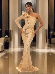 Gold Sequined Ruffle One Shoulder Evening Dress Floor Length Long Sleeve Event Gown