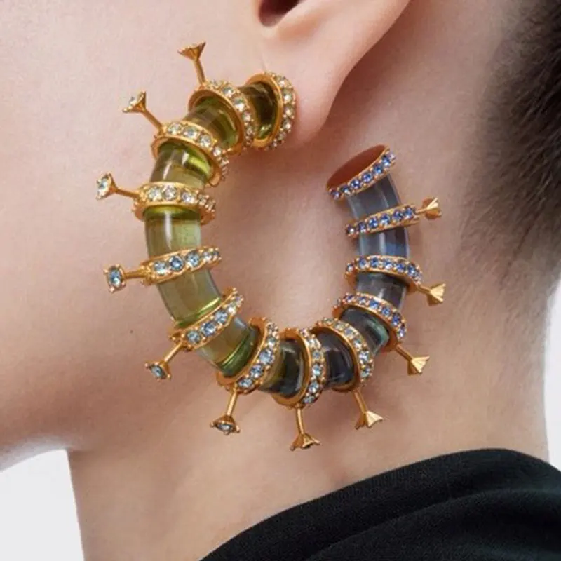 Luxury Extravagant Colored Gradient Resin Round Transparent Zircon Earrings Party Fashion Hoop Earrings HUANZHI 2026 NEW