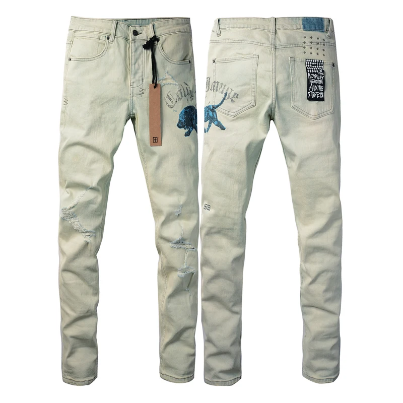 Ripped Hole Design KSUBI Jeans American Men High Quality Embroidery Logo Casual Slim-fit Pencil Pants