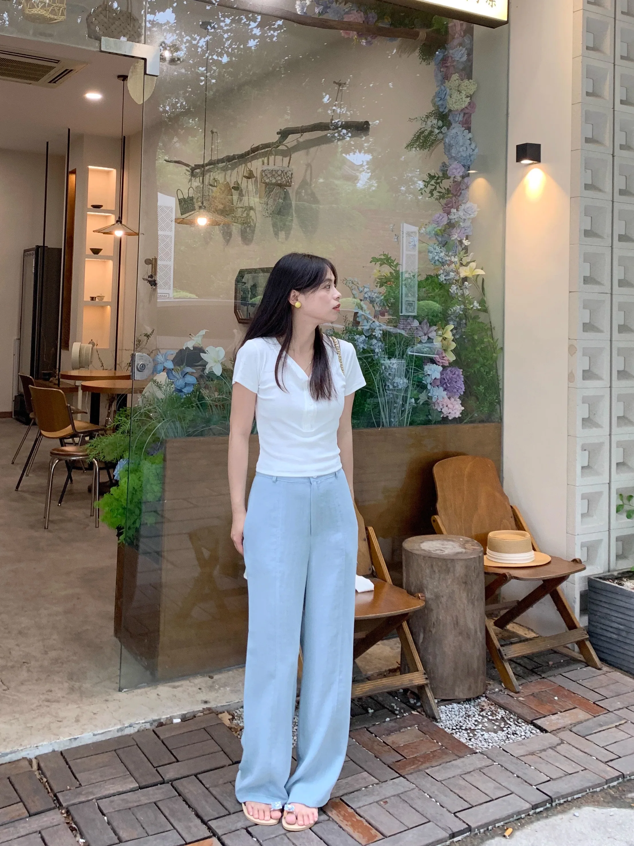 

Perry Small Size Linen Straight Leg Floor Length Pants Simple Design Casual Trousers High Waist Long Cotton Blend Fabric