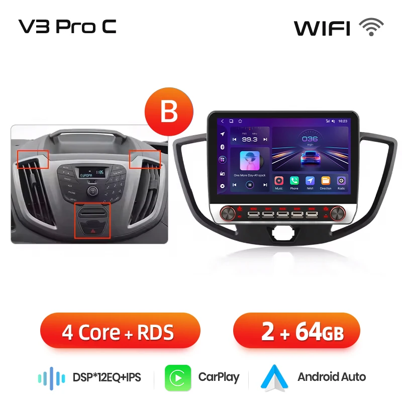 Junsun 13.1″ QLED draadloze CarPlay Android Auto autoradio voor Ford Transit Custom Tourneo 2013-2021 intelligente systemen DSP SWC