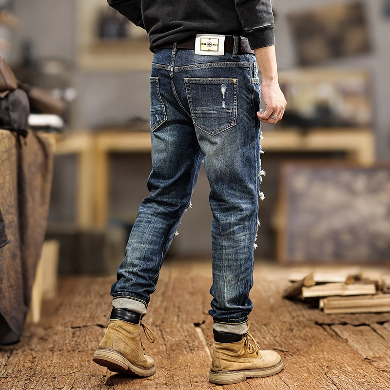 

JXNS131 New American retro washed jeans men do old heavyweight design sense splicing Slim small leg trousers tide