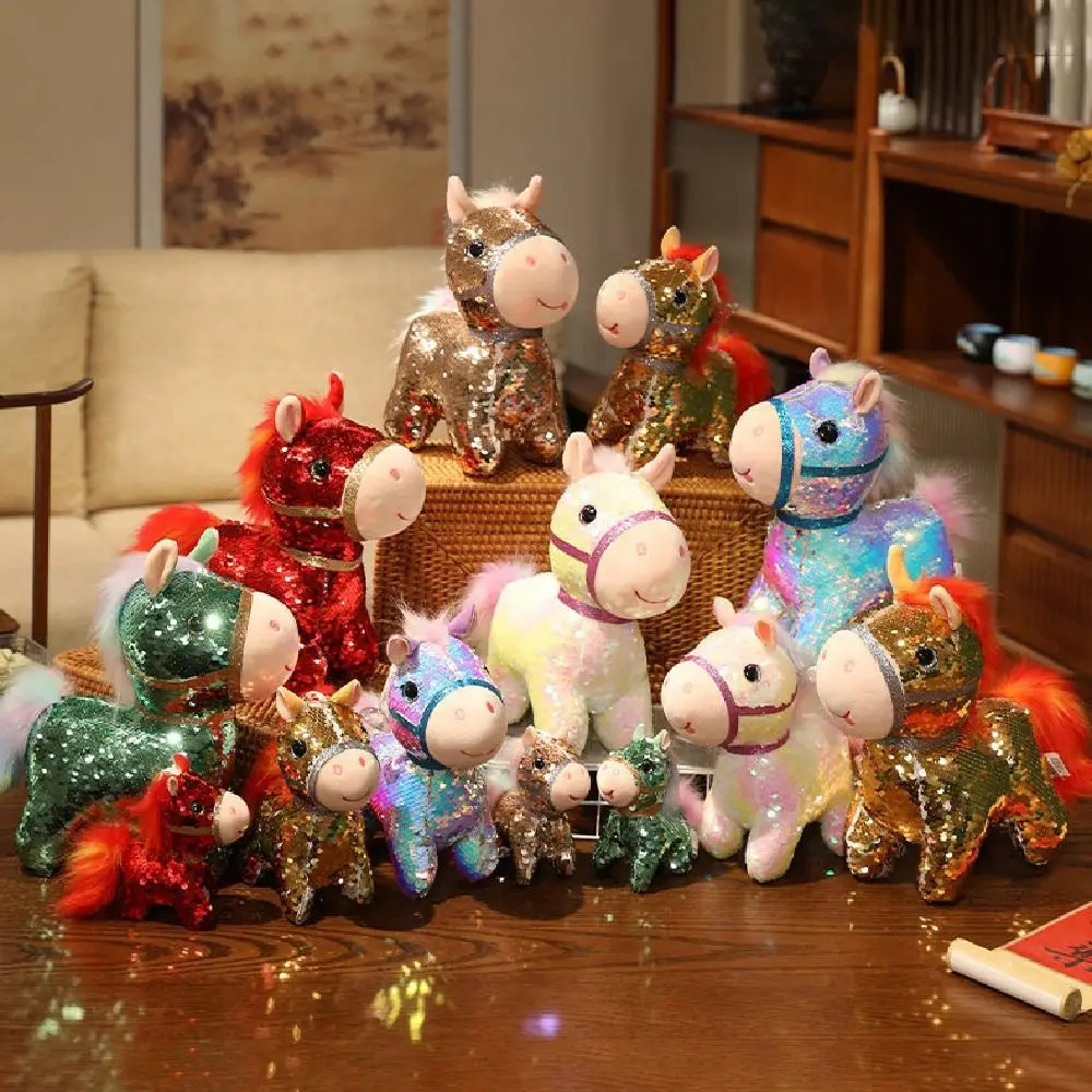 

Colorful Sequined Horse Plush Doll 10/20cm Creative Stuffed Animal Pendants Fluffy Cute Zodiac Pony Figurine Year of Horse