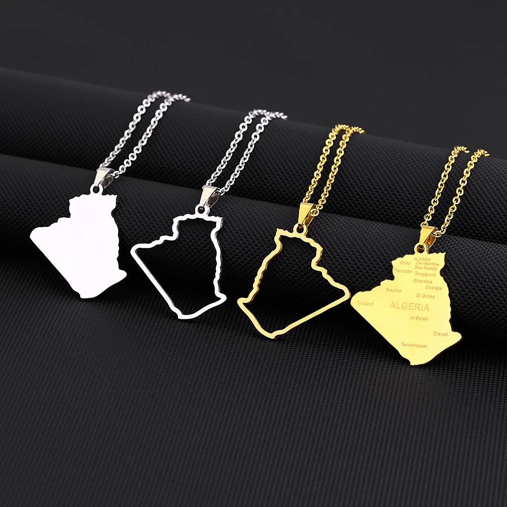 Africa Algeria Map City Pendant Necklace Stainless Steel Gold Steel Color Algérie Men Women Country Map Jewelry Gift