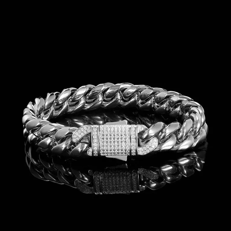 Hip Hop Edelstahl Armband Bling CZ Verschluss Schmuck für Männer Designs Cuban Link Armband Kostenloses individuelles Logo Drop Shipping
