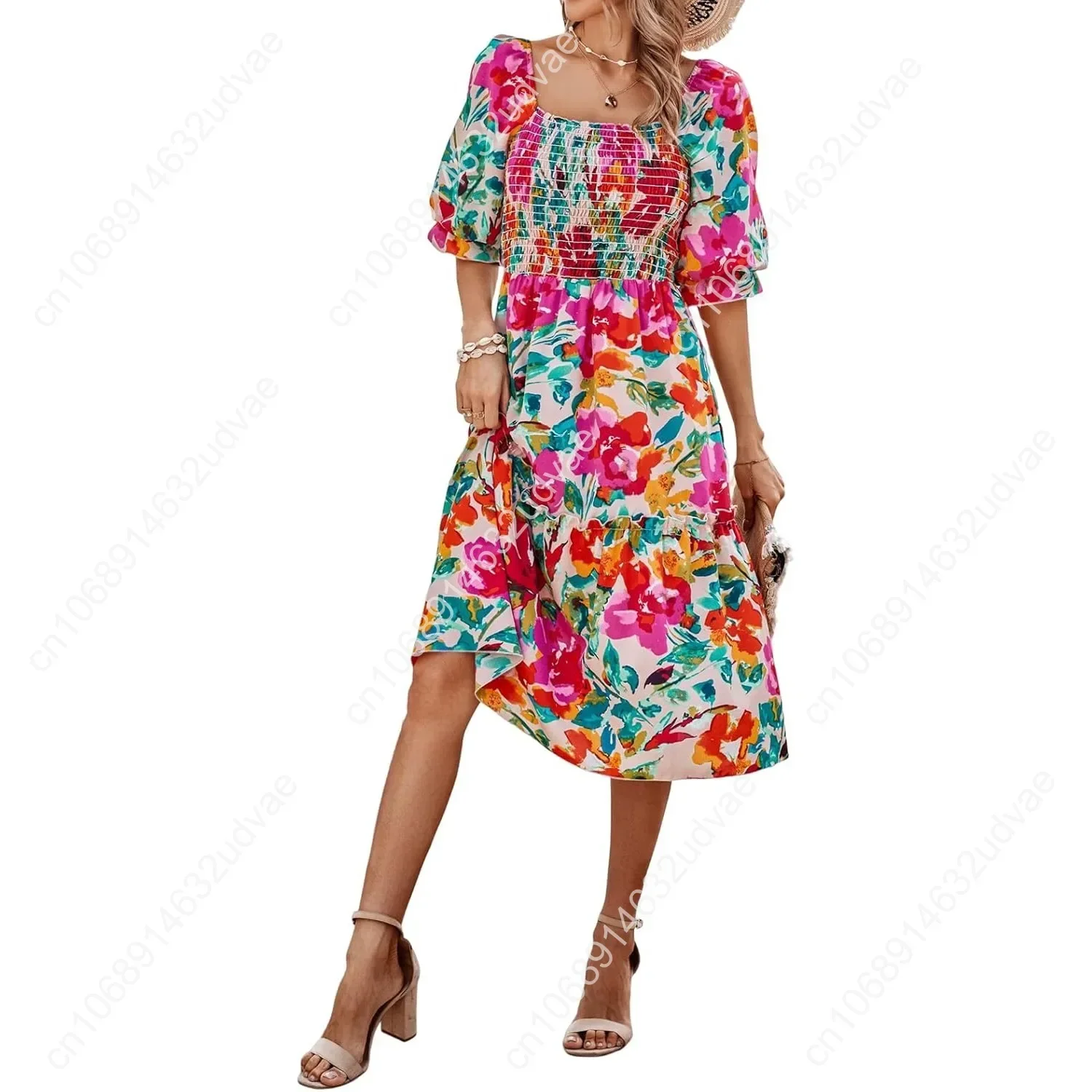 

2025 Summer Casual Dresses Women's Spring Puff Sleeve Square Neck A-line Flowy Boho Floral Smocked Midi Dress