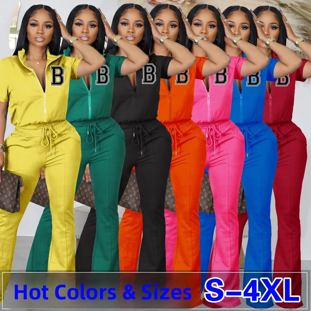 

Women's ort Sved Zipper Top Flared Pants Set Long Pants Tee-piece Set Commute Sle Pure Color Four-season Availabili