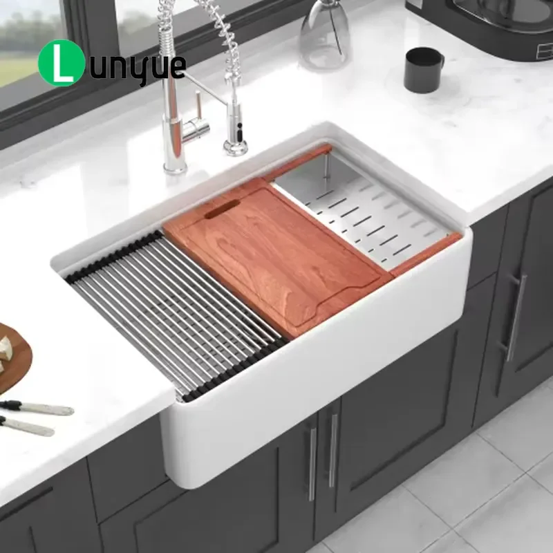 Heavy Duty Fireclay Ceramic Apron Front Kitchen Sink Single Bowl White Modern Farmhouse Luxury Easy Clean