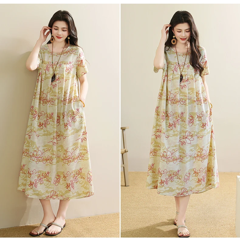 New 2025 Summer Dress For Women Plus Size Dress Casual Short Sleeve Boho Vintage Print Long Maxi Dress Beach Women Clothing