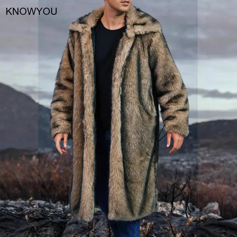 2025 Autunno Inverno Uomo Cappotti in pelliccia sintetica Giacca lunga in pelliccia Colletto con risvolto solido Manica lunga Punto aperto Giacca allentata in pelliccia calda spessa