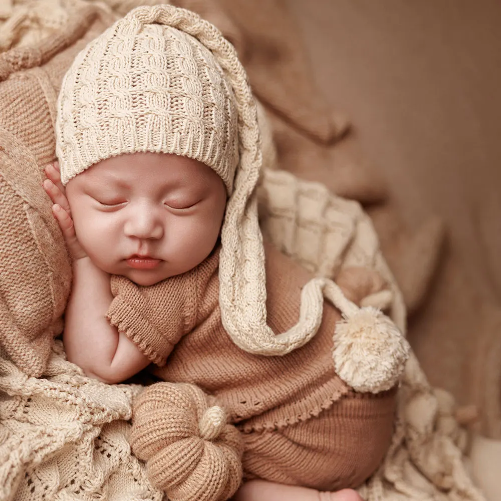 0-1 شهر الوليد التصوير الدعائم اكسسوارات جميلة موضوع الهالوين محبوك الزي مع قبعة النوم ولعبة اليقطين لاطلاق النار #4