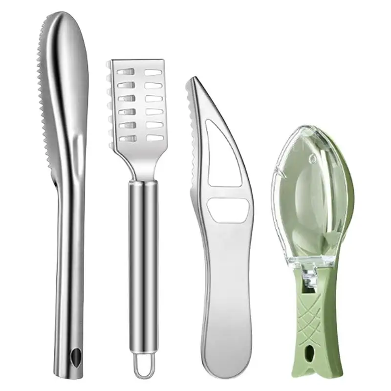 Detergente per pesci Strumenti per la pulizia del pesce in acciaio inossidabile da 4 pezzi Raschietto per squame di pesce a dente di sega Strumenti per frutti di mare Spazzola per pelle di pesce per chef e