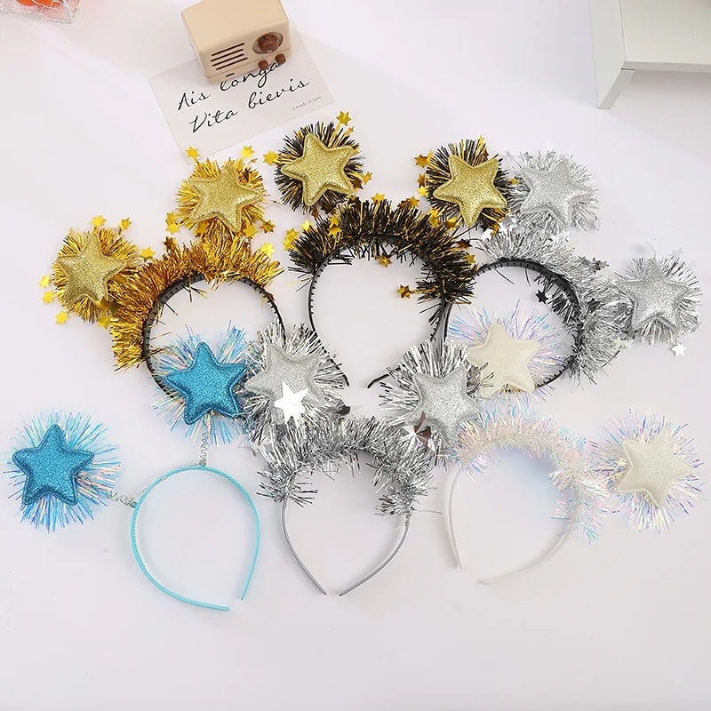 12pcs Happy New Year Headwear Christmas Gold Silver Pentagram Star Tinsel Headband for Adult or Children