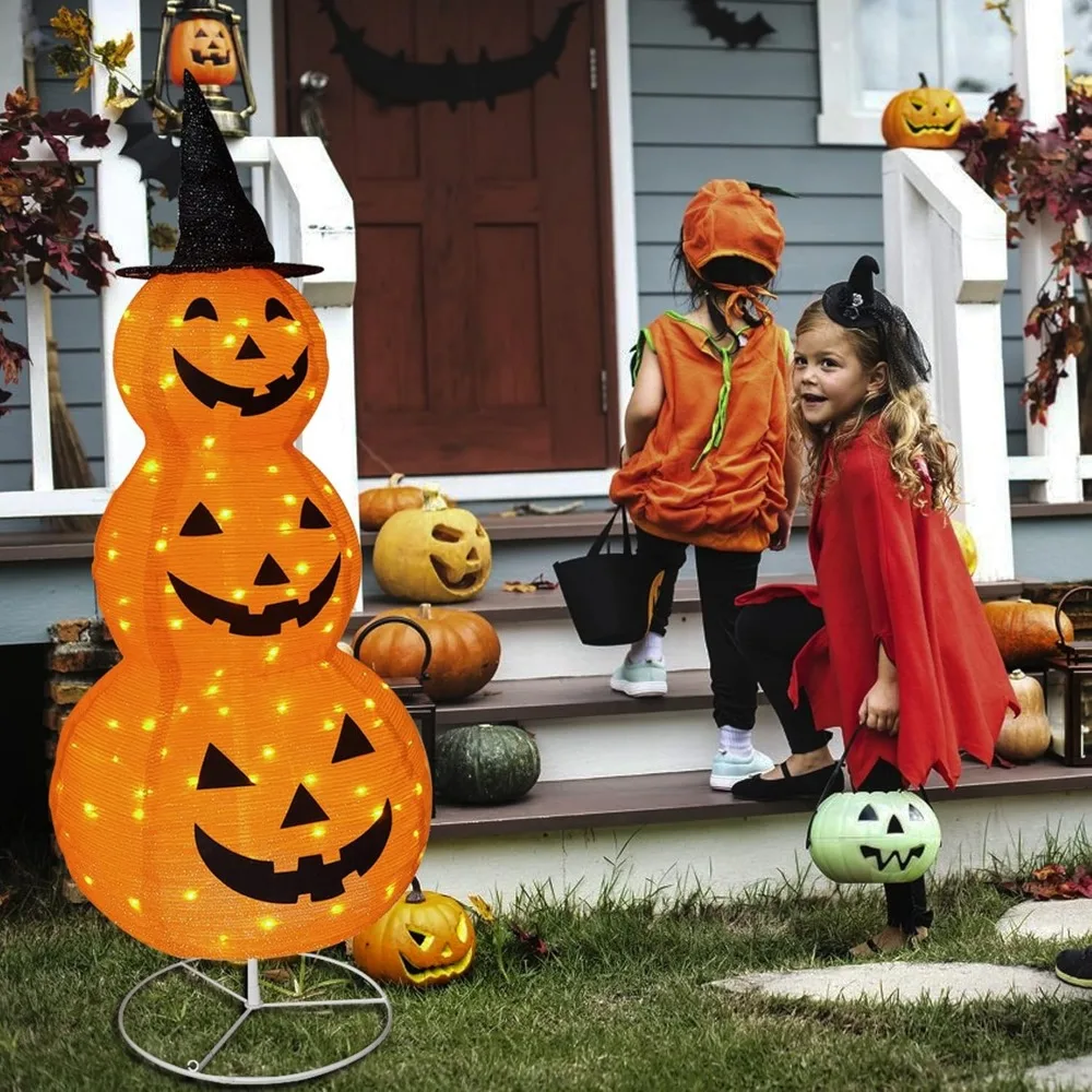 

Halloween Collapsible Pumpkin Decorations, Pre-Lit Light Up Pumpkin with Hat, Pop Up Jack-o-Lantern with Metal Stand for Indoor