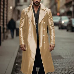 Large Size Gold Long Leather Trench Coat Mens Silver Double-breasted Stage Performance Leather Coats European American Clothing