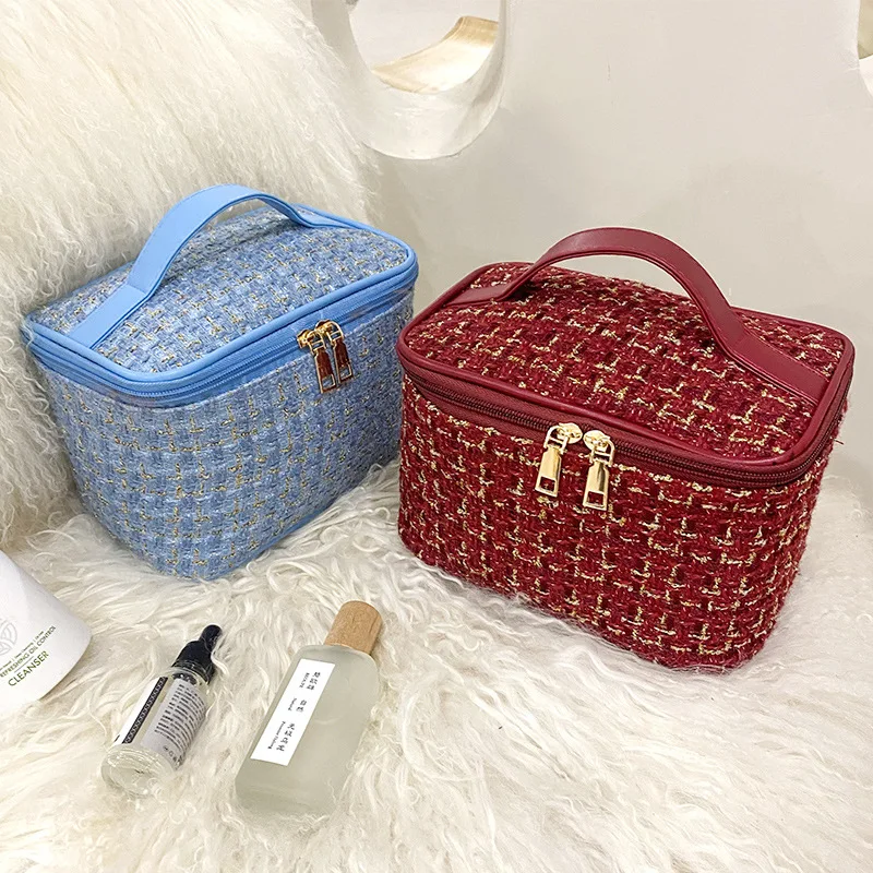 New Korean plaid portable small fragrance makeup bag Large capacity portable toiletry storage bag makeup box travel