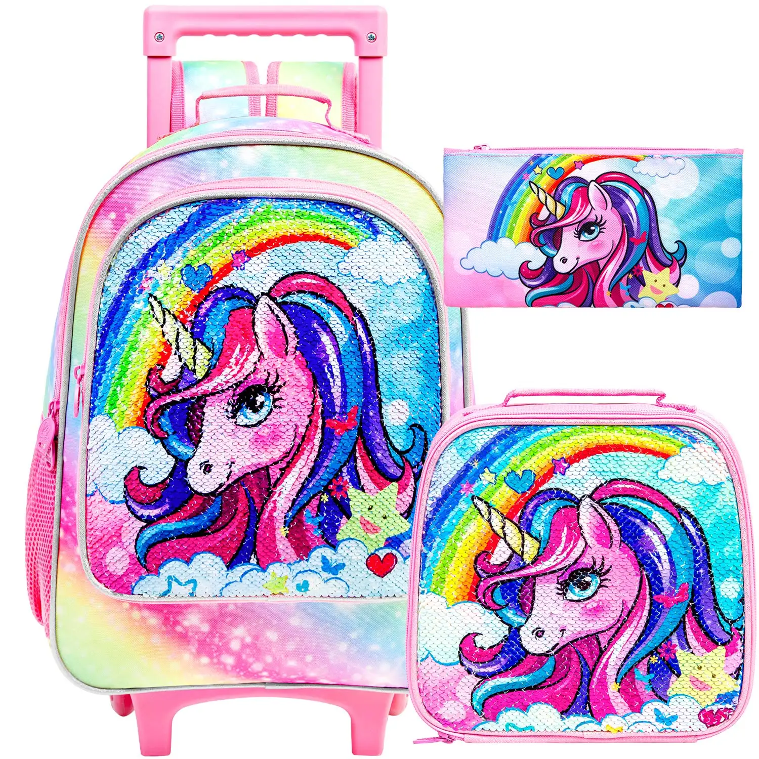 3PCS Rolling Backpack for Girls Kids Roller Wheels Bookbag with Lunch Bag Rainbow Unicorn Pattern Design Glow-in-the-dark Functi