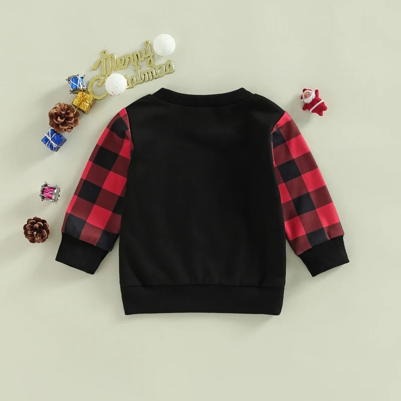 Infant Holiday Sweater Tartan Patterned Crew Neck Jumper with Festive Lettering Warm Winter Pullover for Babies