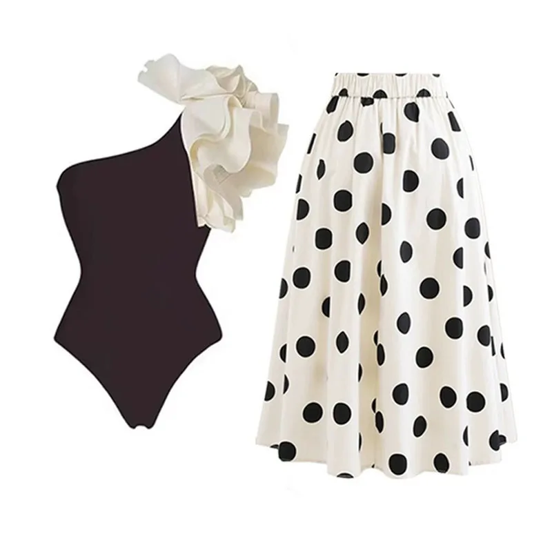 Abbigliamento donna alla moda costume intero stampa Bikini a pois Set gonna da spiaggia tuta in poliestere costumi da bagno stile indossare Maxi vestito