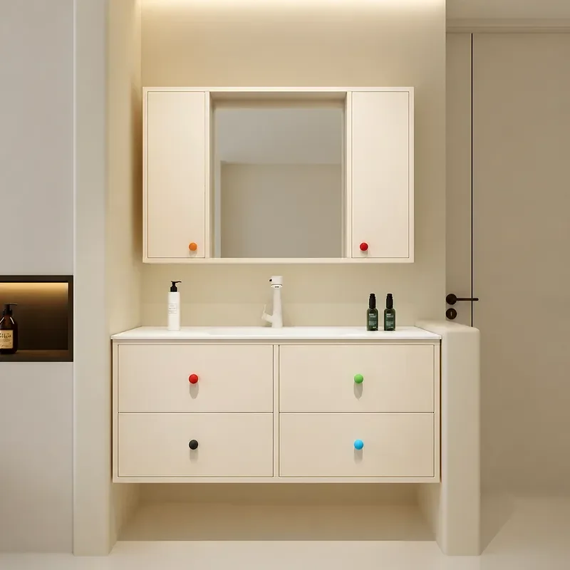 Bathroom Cabinet with Ceramic Integrated Basin and Mirror Storage Unit Modern Vanity Set for Toilet Washroom Home Decor