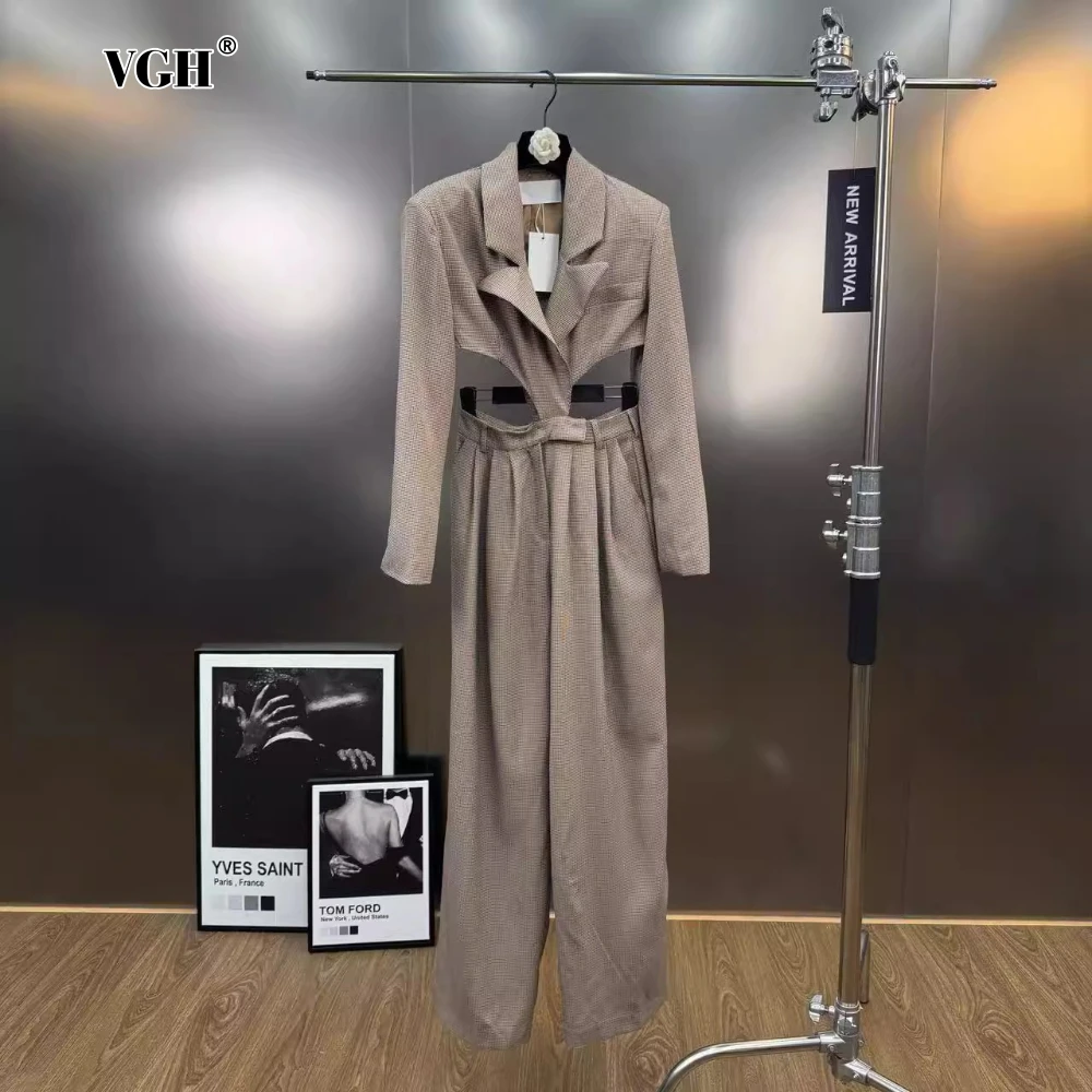 

VGH Vintage Spliced Houndstooth Jumpsuit for Women Lapel Long Sleeve High Waist Cutout Design Temperament Jumpsuits Female New